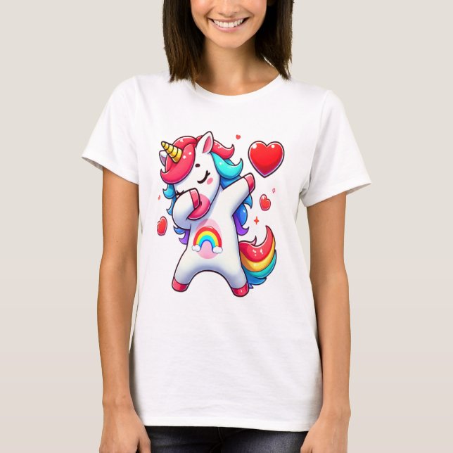 Cute Dabbing Unicorn Holding Heart - Rainbow Kärle T Shirt (Framsida)