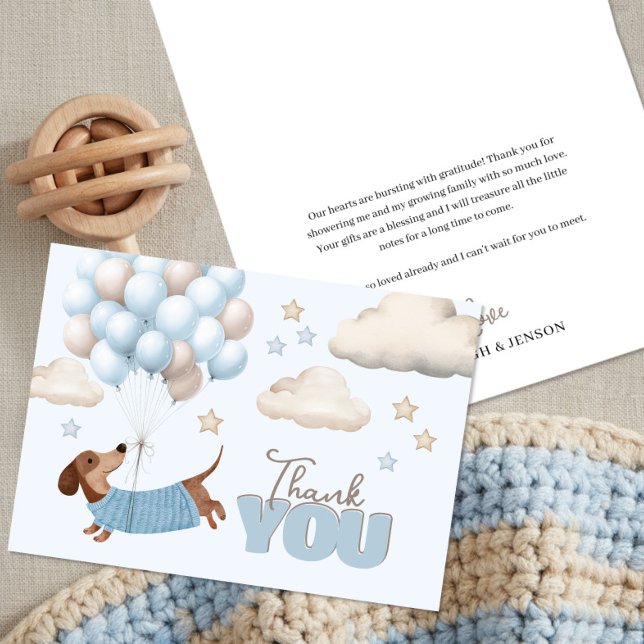 Cute Dachshund and Balloons Boy Baby Shower Tack Kort (Baby Shower Thank You cards. Dachshund and balloons design in blue and beige)