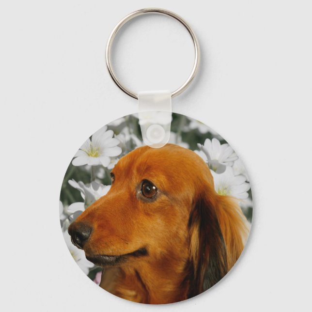Cute Dachshund (Brown Long Hved) i Blommor Nyckelring (Framsida)