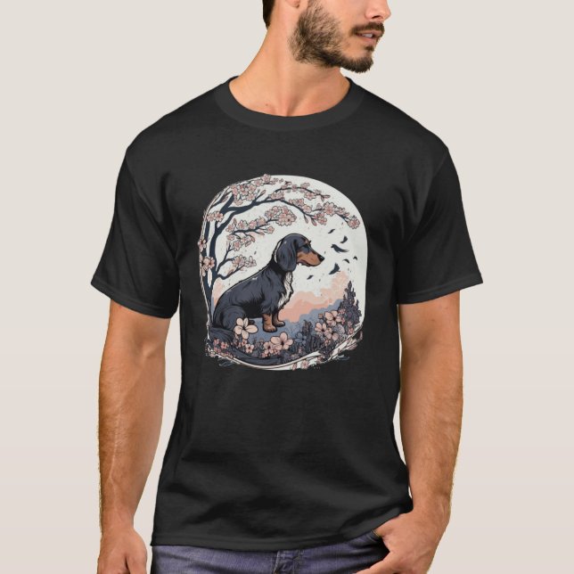 Cute Dachshund Cherry Blossom Dog Breed Japanese W T Shirt (Framsida)