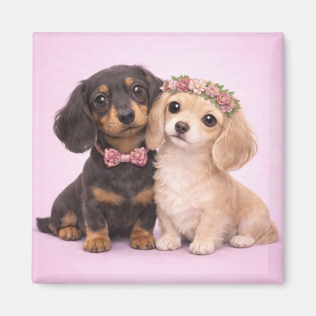 Cute Dachshund Couple Valentine Illustration Magnet (Framsidan)