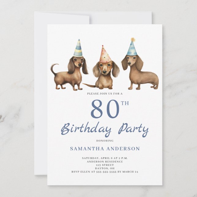 Cute Dachshund Dog 80th Birthday Party  Invitation Inbjudningar (Framsida)