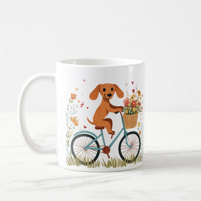 Cute Dachshund Dog Biking Spring Flowers Kaffemugg (Vänster)