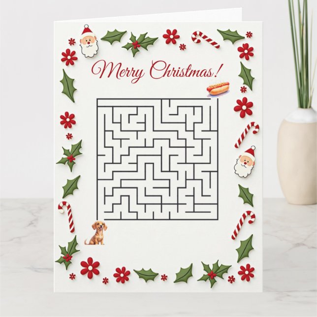 Cute Dachshund Dog Christmas Maze Puzzle Holiday Kort (Framsida)
