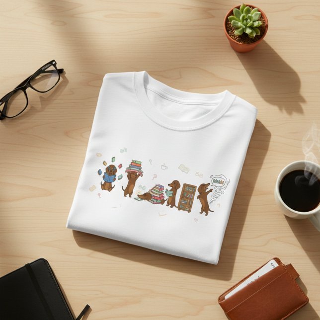 Cute Dachshund Dogs Reading Books Illustration - B T Shirt (Skapare uppladdad)