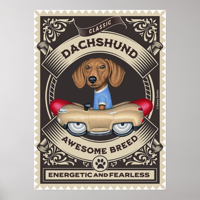 Cute Dachshund Driving Golden Saanvändningsbil Poster (Framsidan)