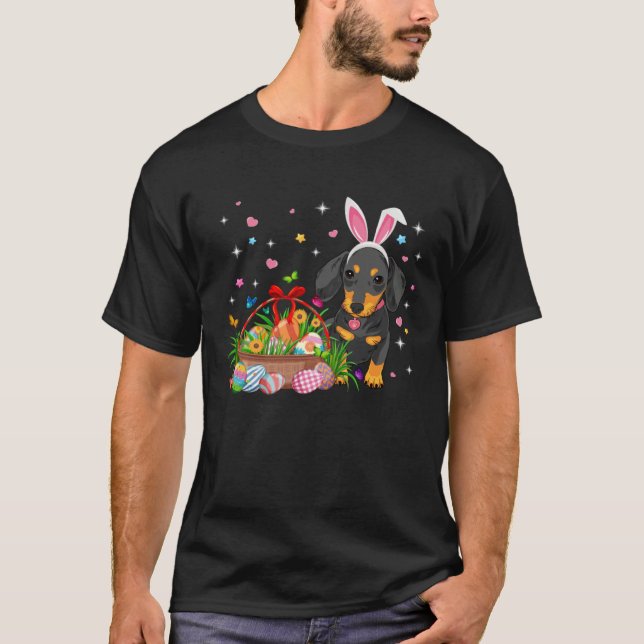 Cute Dachshund Easter Day Bunny Eggs Easter Costum T Shirt (Framsida)