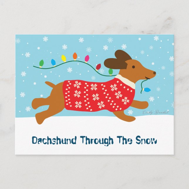 Cute Dachshund genom Helgdag Snö Helg Vykort (Framsida)