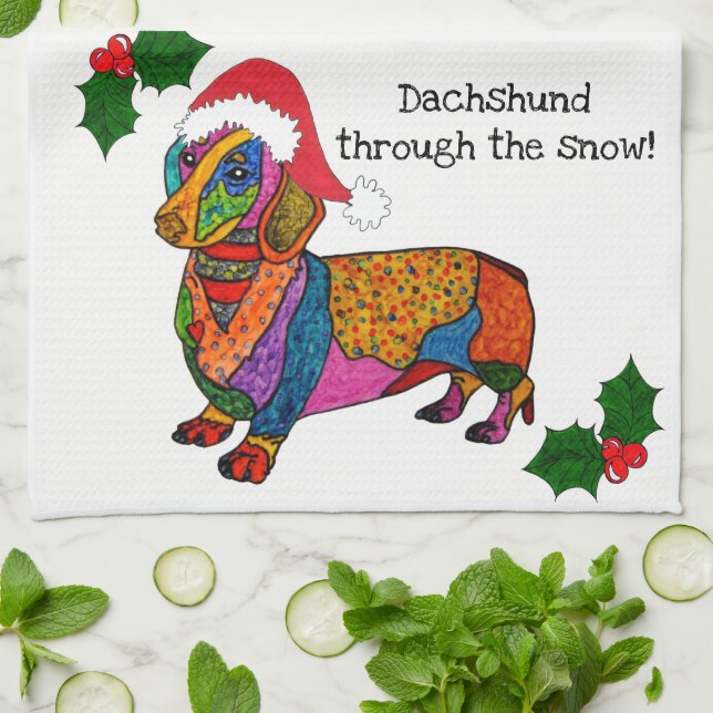 Cute Dachshund genom Snö Kitchen Towel Kökshandduk (Vikta)
