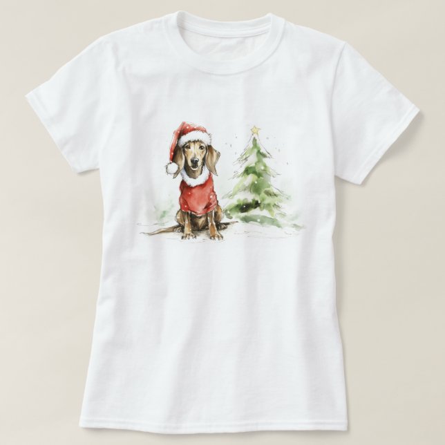 Cute Dachshund-Hårig och ljus jul T Shirt (Design framsida)