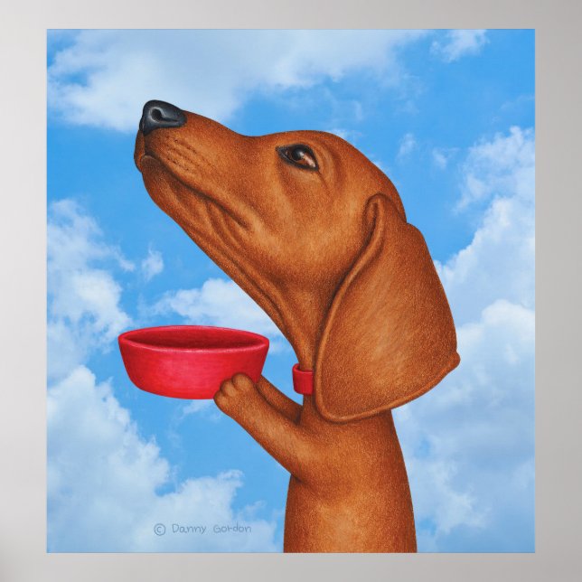 Cute Dachshund Holding Red Bowl Poster (Framsidan)