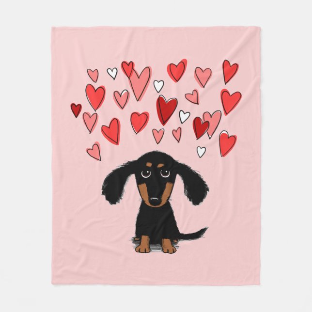 Cute Dachshund Hund med Valentine Hearts Rosa Fleecefilt (Framsidan)
