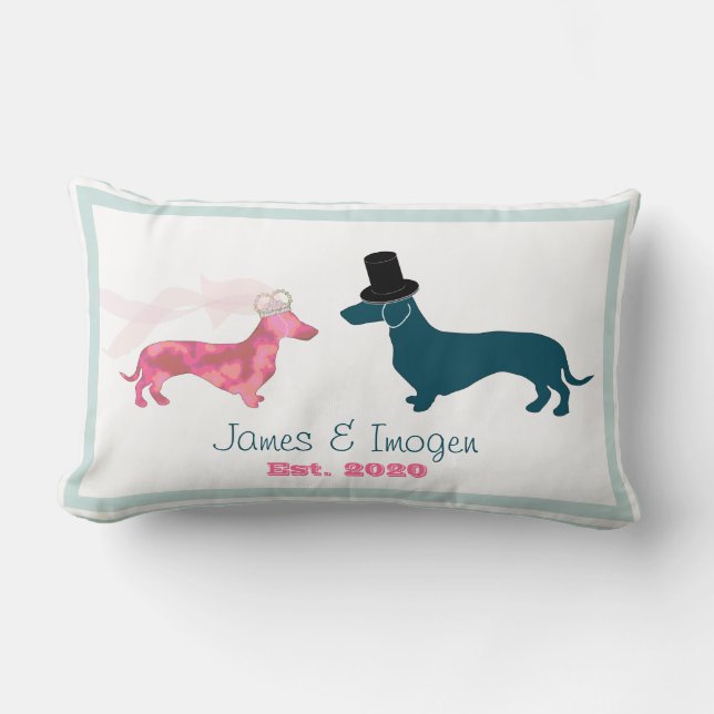 Cute Dachshund Hund Newlyweds Monogram Lumbarkudde (Framsida)