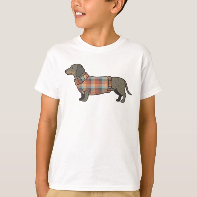 Cute Dachshund in Plaid Sweater Dog Lover Kids T-S T Shirt (Framsida)