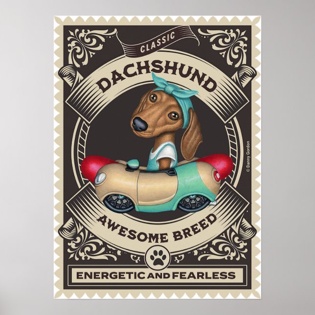 Cute Dachshund in Sause Shaped Car Poster (Framsidan)