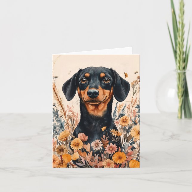 Cute Dachshund med målning av Wildblommor Anteckningskort (Framsida)