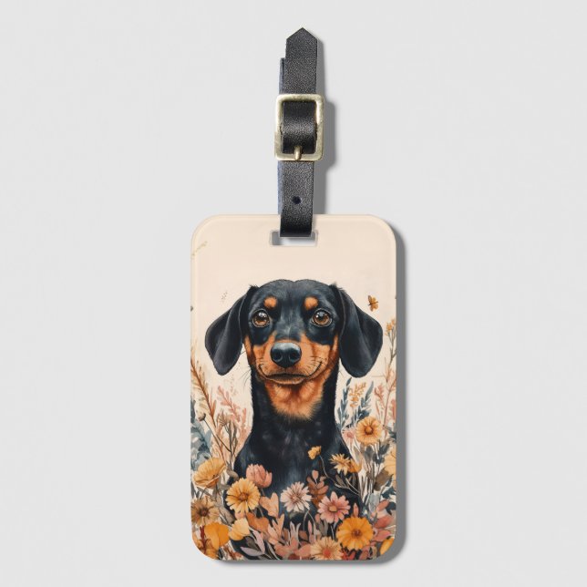 Cute Dachshund med målning av Wildblommor Bagagebricka (Framsida vertikal)