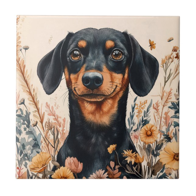 Cute Dachshund med målning av Wildblommor Kakelplatta (Framsidan)