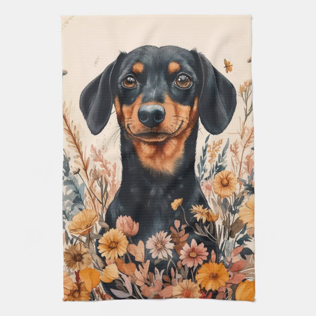 Cute Dachshund med målning av Wildblommor Kökshandduk (Vertikal)
