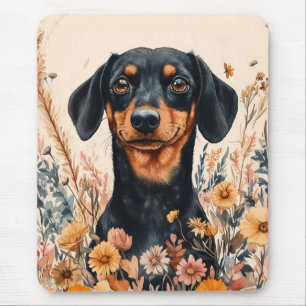 Cute Dachshund med målning av Wildblommor Musmatta