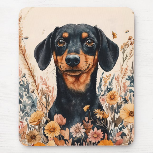 Cute Dachshund med målning av Wildblommor Musmatta (Framsidan)