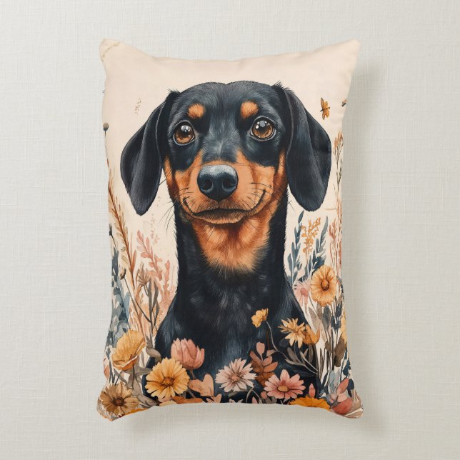 Cute Dachshund med målning av Wildblommor Prydnadskudde (Framsidan(Vertikal))