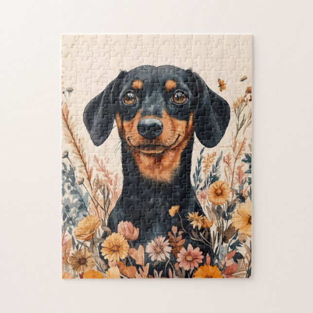 Cute Dachshund med målning av Wildblommor Pussel (Vertikal)