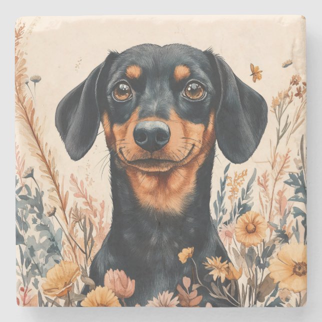 Cute Dachshund med målning av Wildblommor Stenunderlägg (Framsidan)