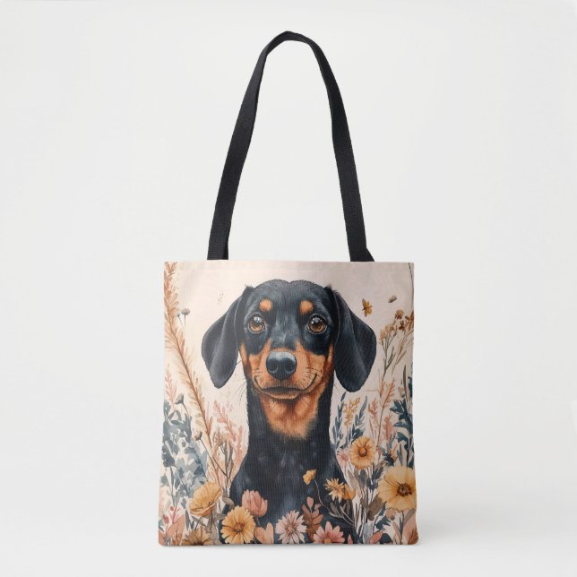 Cute Dachshund med målning av Wildblommor Tygkasse (Framsida)