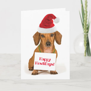 Cute Dachshund med Santa Hat Lycklig HowliDays Helgkort