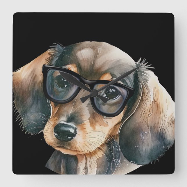 Cute Dachshund med svarta glasögon Fyrkantig Klocka (Framsida)
