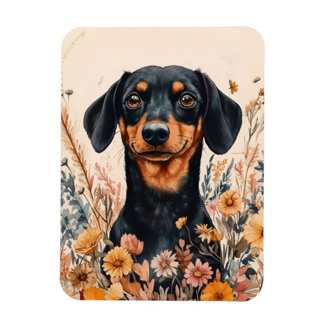 Cute Dachshund med vildblommor flexibla Magnet (Vertikal)