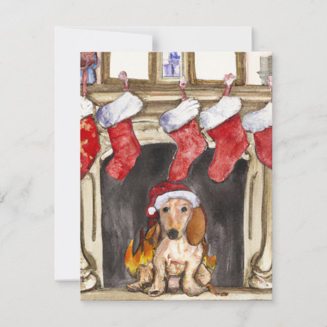Cute Dachshund och Fireplace Watercolor jul Julkort (Framsida)