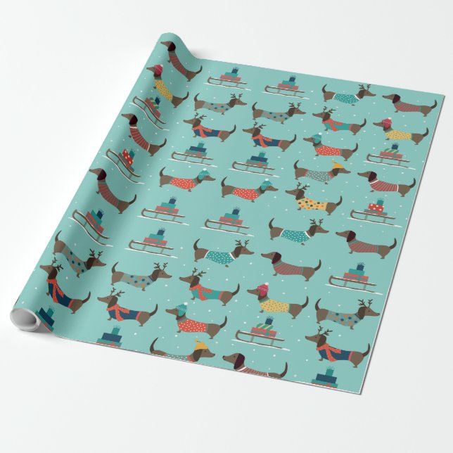 Cute dachshund och sled med presenter presentpapper (Utrullad)