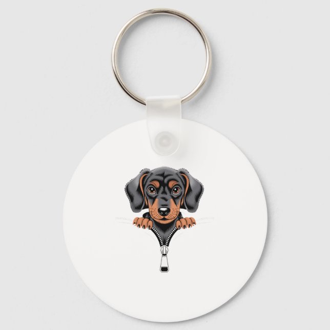 Cute Dachshund Peeking ut ur Zipper Illustration Nyckelring (Framsida)