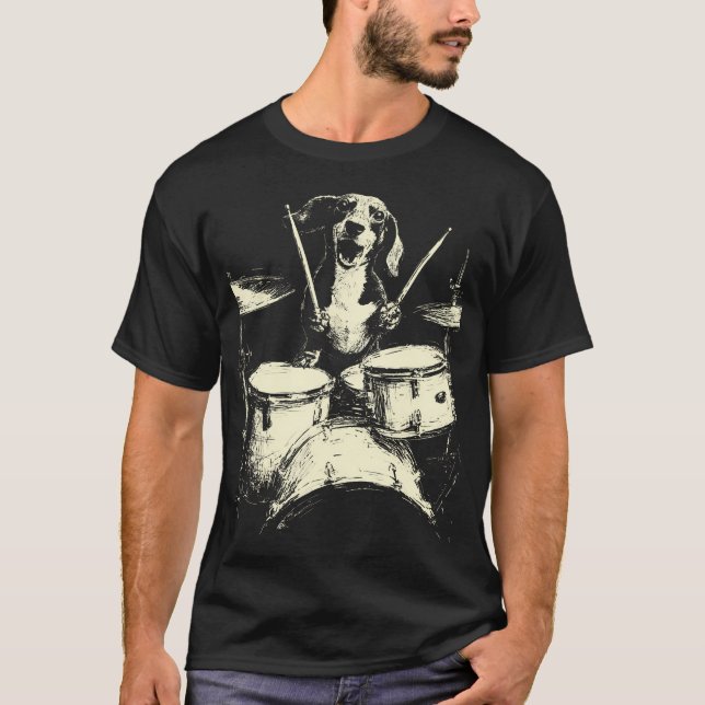Cute Dachshund Playing Drums Funny Music Sausage D T Shirt (Framsida)