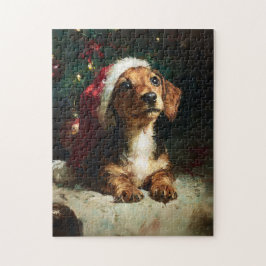 Cute Dachshund Puppy Christmas Painting Pussel