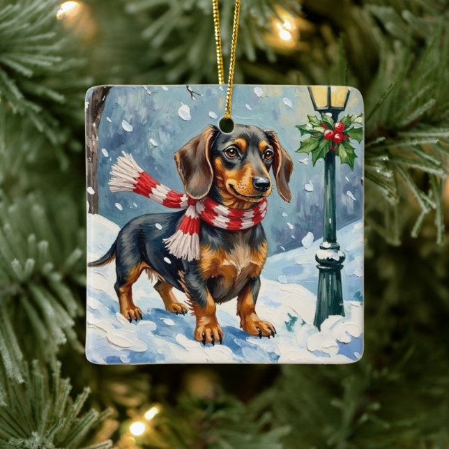 Cute Dachshund Puppy Cozy Winter Scarf Art Julgransprydnad Keramik (Träd)