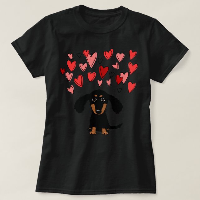 Cute Dachshund Puppy Hund med Valentine Hearts Cla T Shirt (Design framsida)