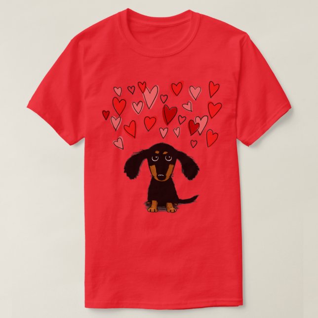 Cute Dachshund Puppy Hund med Valentine Hearts  T Shirt (Design framsida)