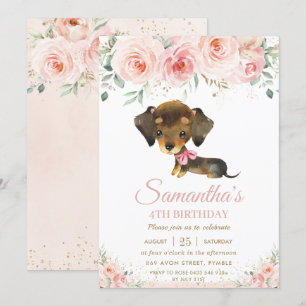 Cute Dachshund Puppy Hund Rosa Blommigt Flickans f Inbjudningar