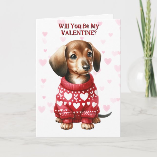 Cute Dachshund Puppy in Sweater Valentine Helgkort (Framsida)