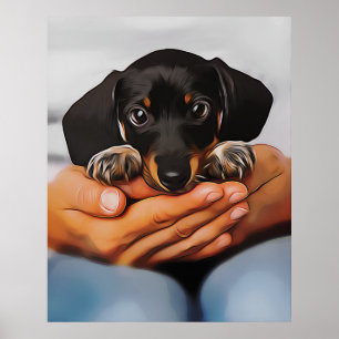 Cute Dachshund Puppy Ljugande på Human Knees Julaf Poster