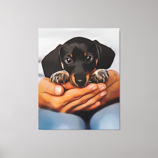 Cute Dachshund Puppy Lying On Human Knees Xmas Pos Canvastryck (Framsida)