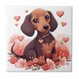 Cute Dachshund Puppy med örhängen Kakelplatta