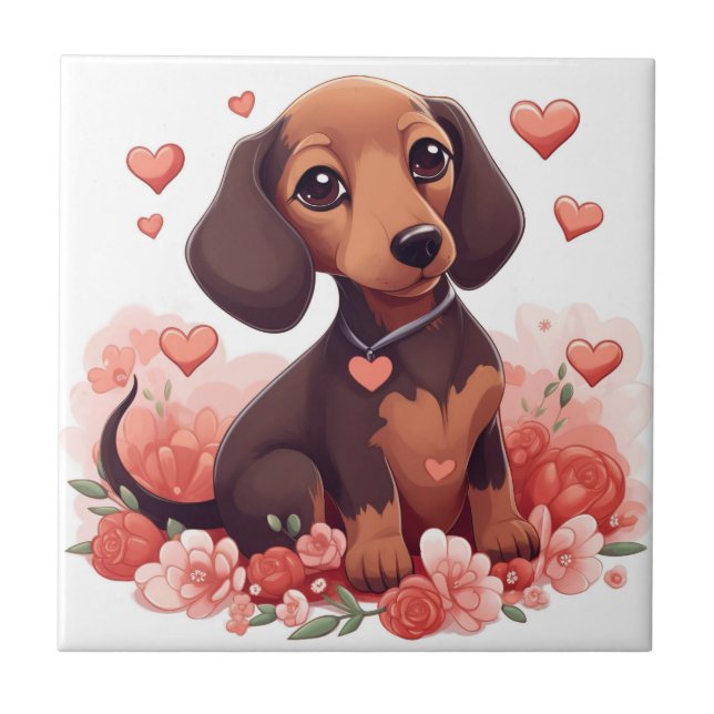 Cute Dachshund Puppy med örhängen Kakelplatta (Framsidan)