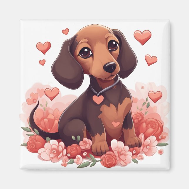 Cute Dachshund Puppy med örhängen Magnet (Framsidan)