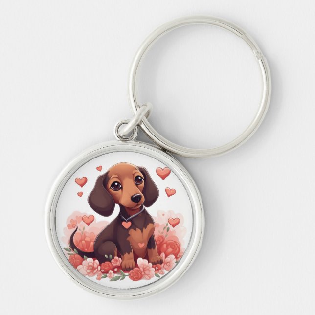 Cute Dachshund Puppy med örhängen Rund Silverfärgad Nyckelring (Framsidan)