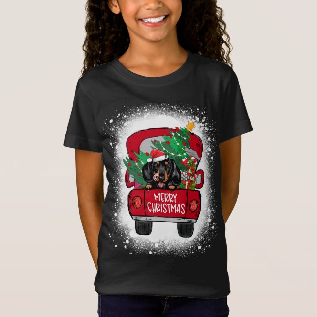 Cute Dachshund Red Lastbil God jul Bleached T Shirt (Framsida)