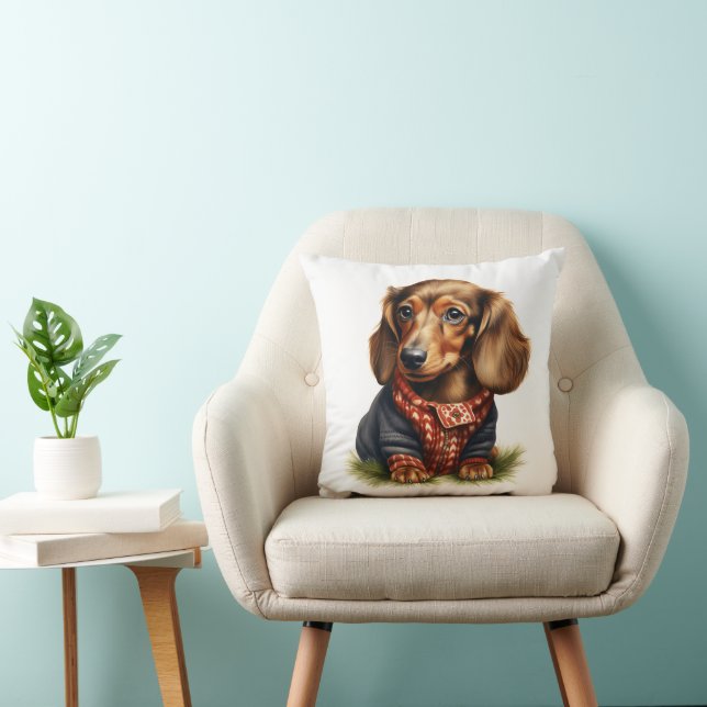 Cute Dachshund Red Long-hved in Sweater: Kudde (Stol)